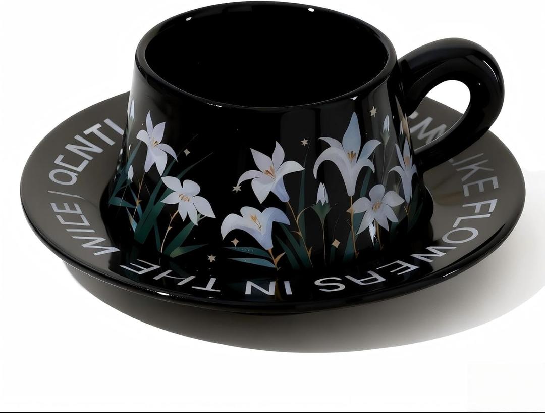 Cute Ceramic Coffee Mug and Saucer Set for Women, Spring Floral Embossed Design, 9.5oz/280ml, Perfect for Home, Office & Holiday Gifts (Black Lily)