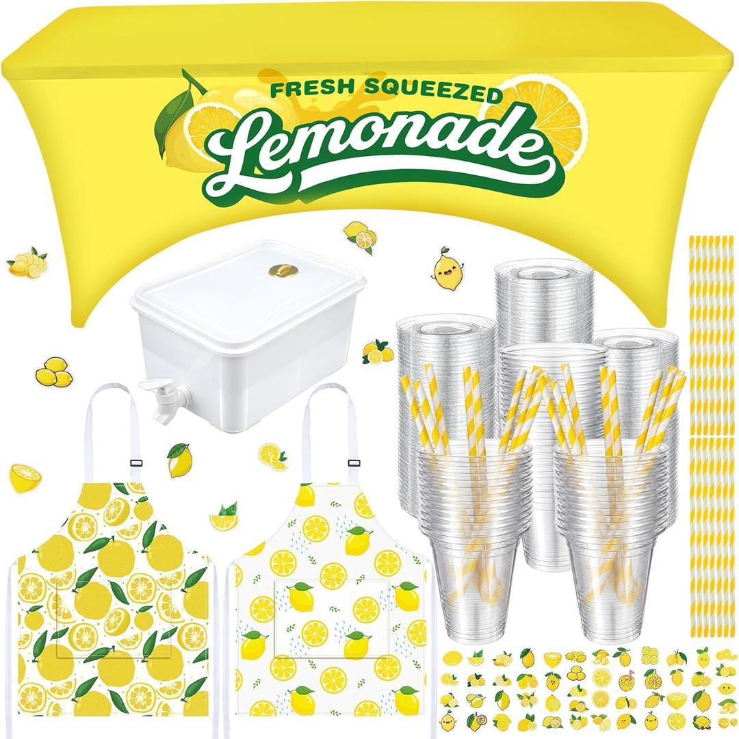 154 Pcs Fresh Lemonade Stand Kits Lemon Booth Party Supplies Include Spandex Tablecloth Apron Stickers Pitcher Plastic Cups with Lids Straw for Photo Props Outdoor Lemon Themed Party Decor