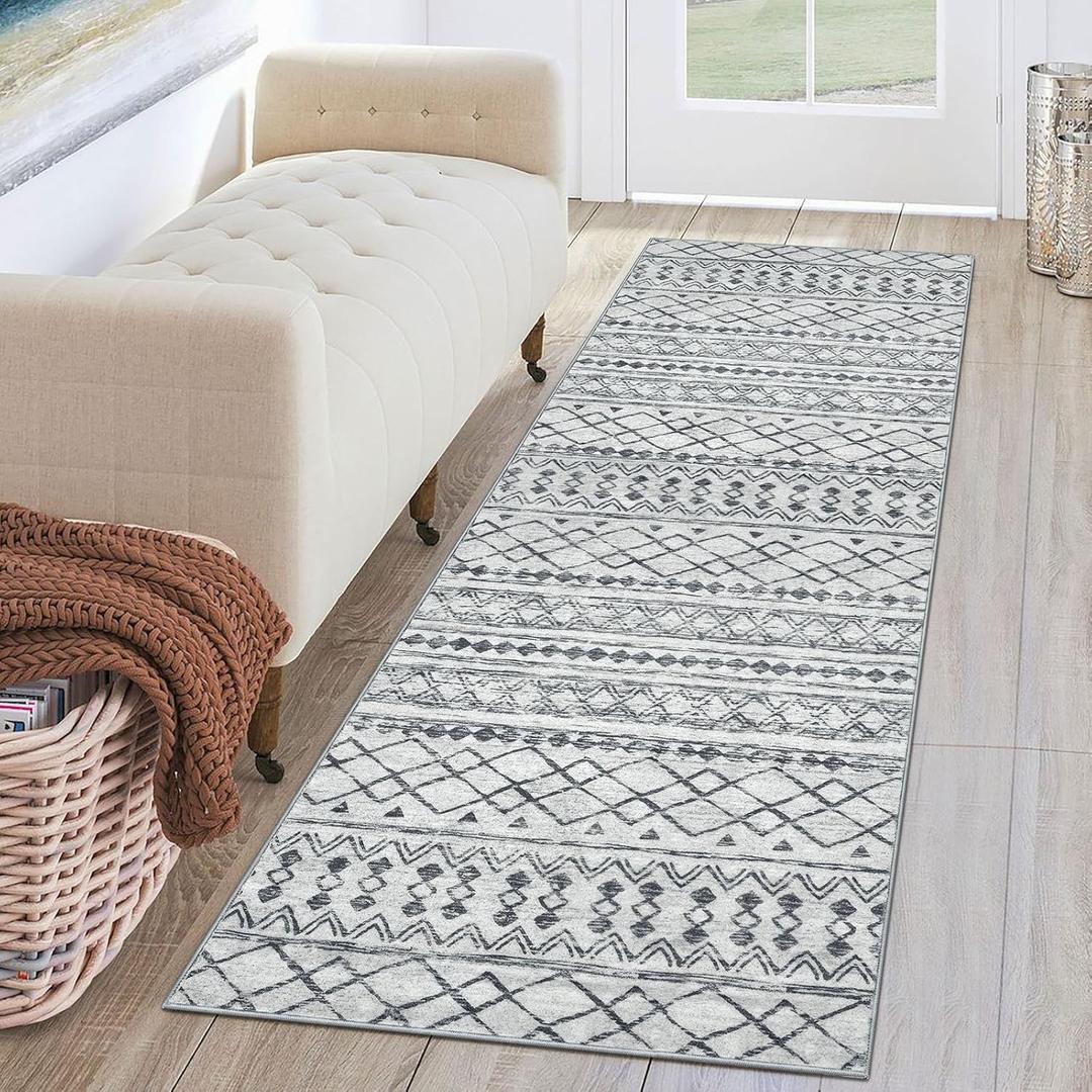 KUTA Moroccan Washable Hallway Runner Rug, 2x6 Non-Slip Vintage Grey Boho Rugs Kitchen Runners Ultra Soft Distressed Geometric Floor Carpet for Bedroom Laundry Living Room