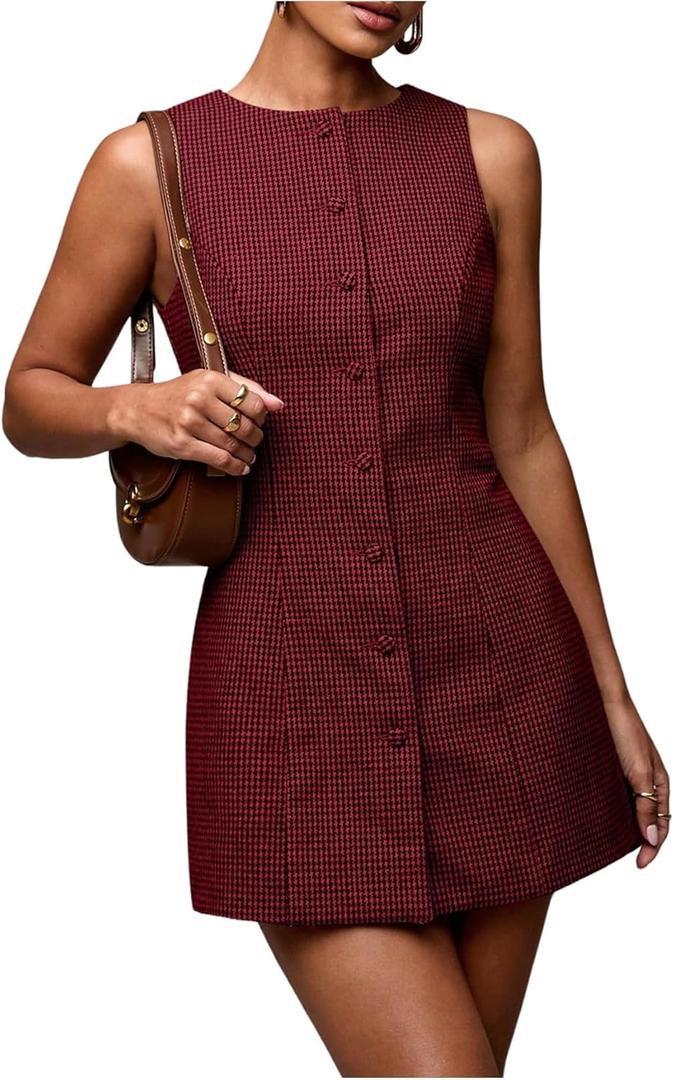 SOLY HUX Women's Plaid Button Down Dress Crew Neck Sleeveless Tie Back Work Office Mini Dresses Burgundy Plaid X-Small