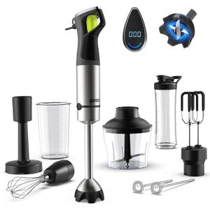 Ganiza Immersion Blender, Max 1200W Heavy Duty Hand Blender with Time Display & Variable Speed Trigger, 9-in-1 Electric Handheld Mixer with Chopper Whisk Frother Beaker Ideal for Soup Puree Smoothies