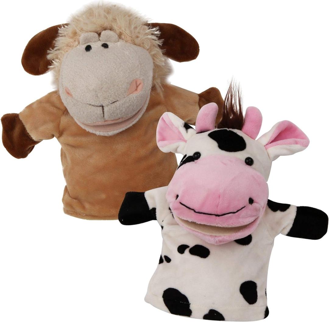 Animal Hand Puppets Set for Kids & Adults - 12.5" Premium Quality Soft Plush Toys with Movable Mouths - Perfect for Storytelling, Teaching, Preschool, Role-Play - Durable, Vibrant, Educational Puppets (Cow and Sheep)