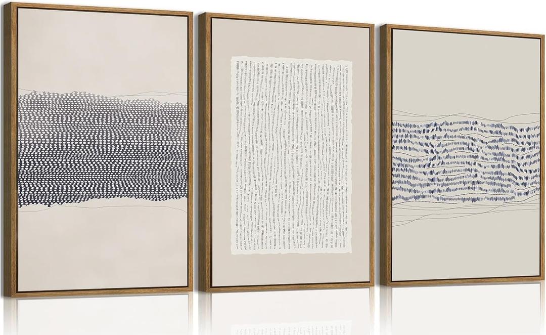 KISSFOX 3 Piece Framed Wall Art Abstract Wall Decor Blue White Texture Pictures Modern Minimalist Canvas Art Large Boho Paintings Artwork For Living Room Bedroom Office, 24x36 In