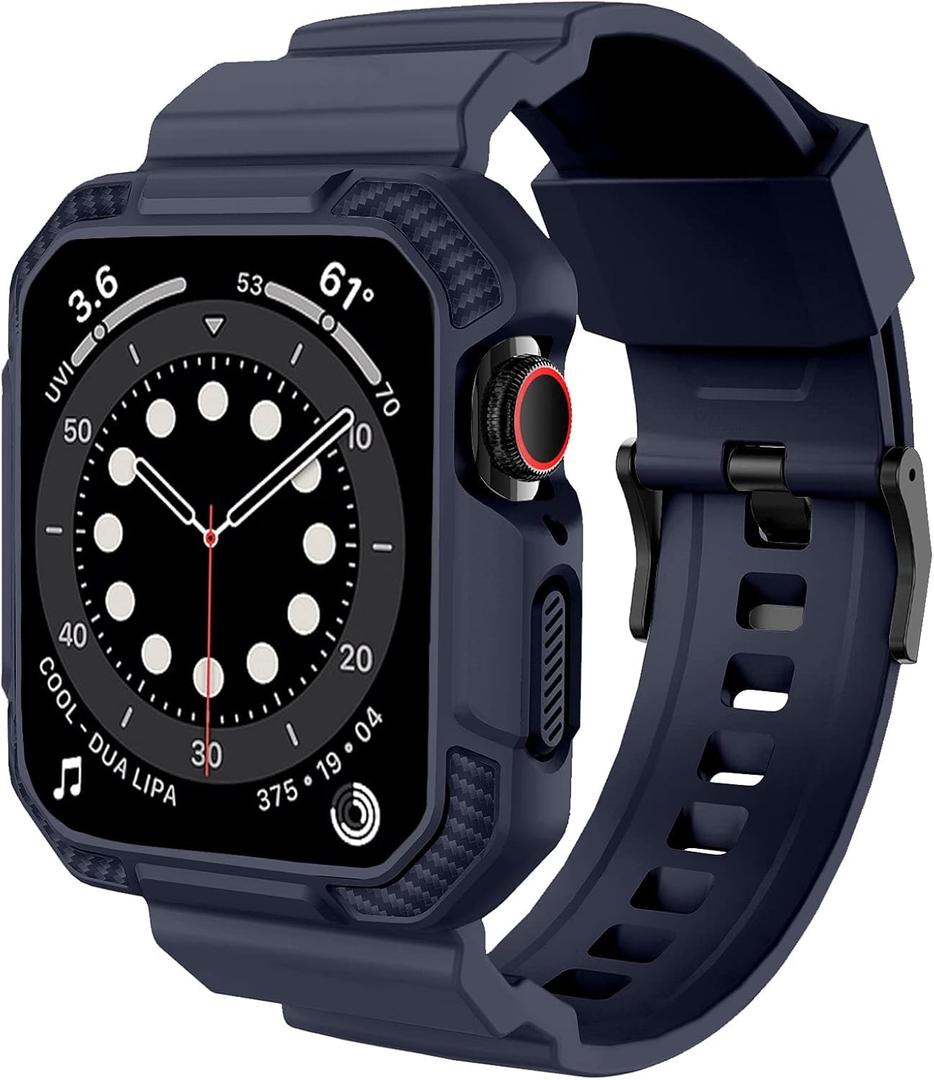 OROBAY Rugged Band Compatible with Apple Watch Band 45mm/44mm/42mm with Case, Shockproof Strap for iWatch SE2 SE Series 9/8/7/6/5/4/3/2/1 with Bumper Case Cover Men Women, Midnight Blue