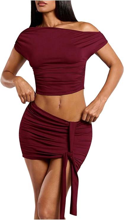 Milumia Women's 2 Piece Set Off The Shoulder Asymmetric Crop Top Ruched Tie Front Mini Skirt Going Out (Medium, Burgundy)