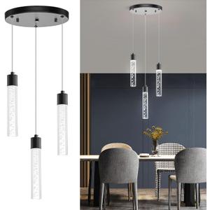 Pendant Lights Kitchen Island Hanging Light Fixture, LED Dining Room Light Fixture 3-Light Black 20W 6000K (9.8in)