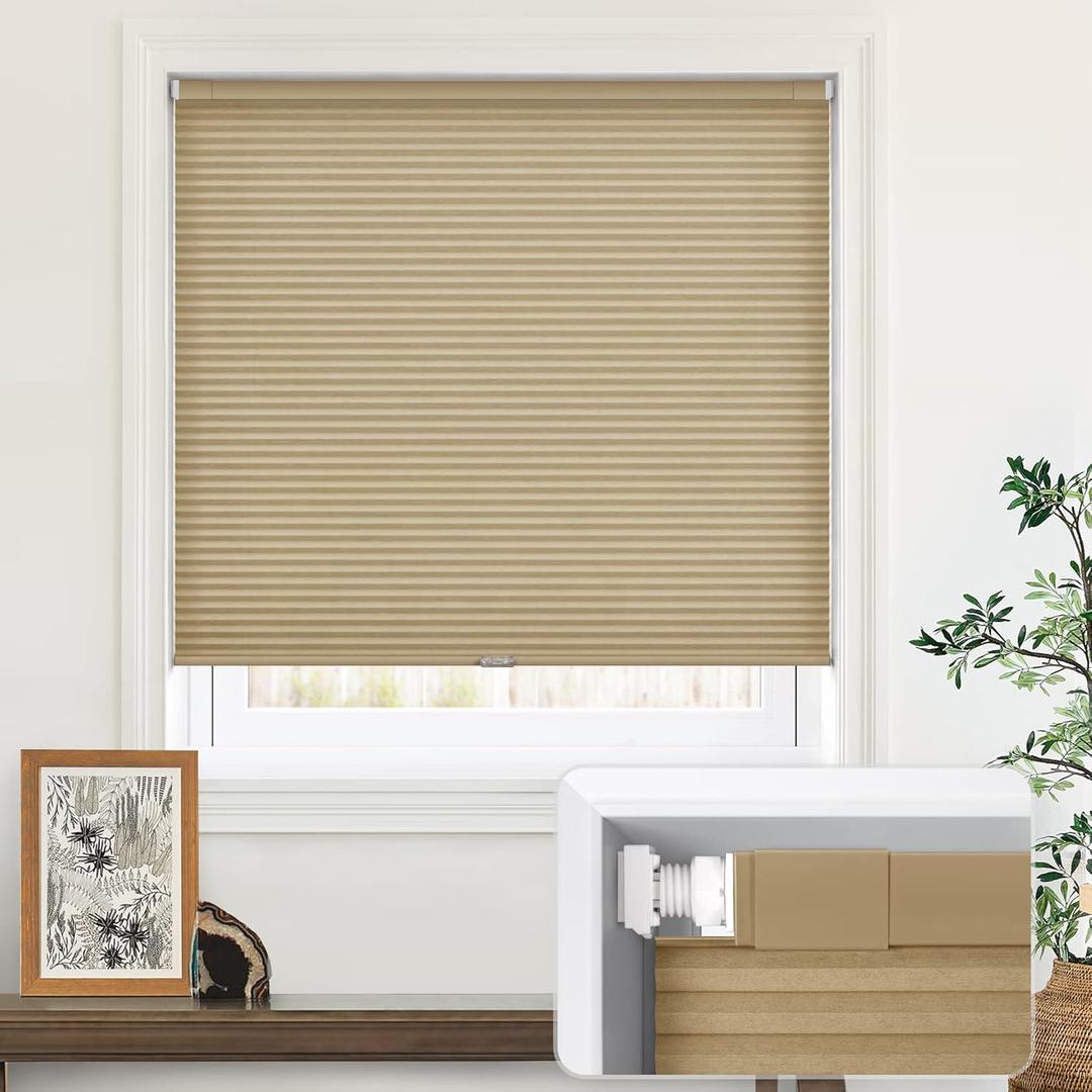 LazBlinds Cordless Cellular Shades, No Tools No Drill Light Filtering Honeycomb Shades Pleated Blinds for Windows, 22'' W x 48'' H, Taupe