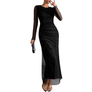 Women's Long Sleeves Maxi Bodycon Dress Tie Dye Ruched Mesh Layer Prom Formal Wedding Elegant Dresses (Black, XXL)