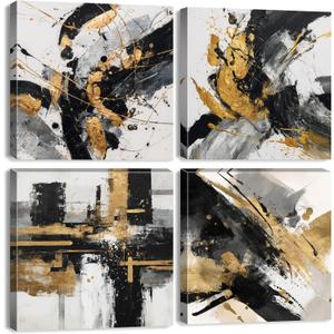 Black and Gold Abstract Wall Art Marble Pictures Wall Decor for Bathroom Living Room Black and White Gold Foil Ink Prints Paintings Modern Textures Posters Neutral Artwork Home Decorations 12x12 4Pcs