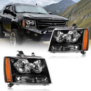 Headlight Assembly Compatible with 2007-2014 Chevy Tahoe/ 07-13 Avalanche/07-14 Suburban 1500 2500 Pair of Left & Right Side Headlamp Replacement Black Housing Amber Reflector