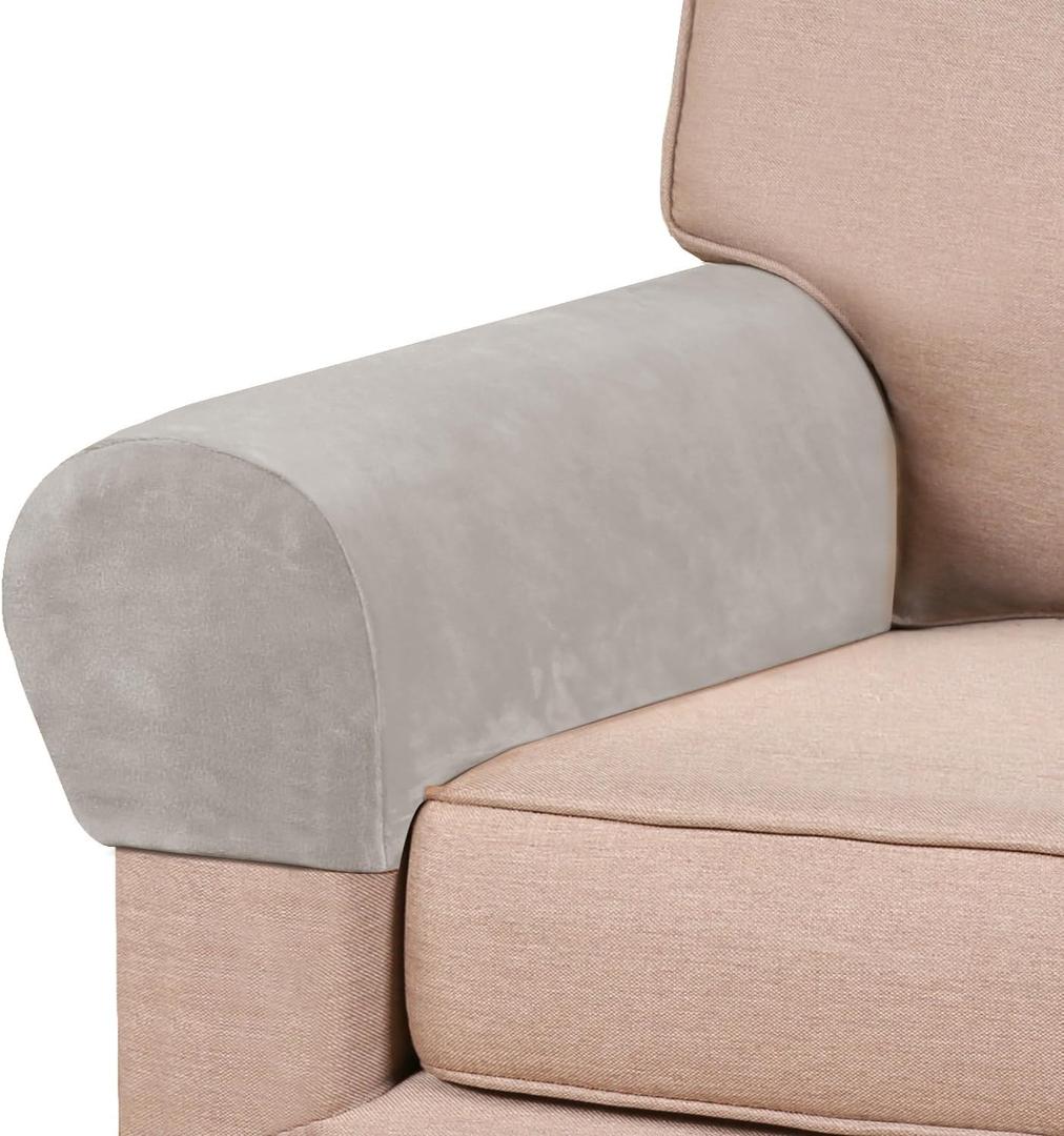PrinceDeco 4 Pack Thick Velvet Stretch Armrest Covers for Chairs and Sofas - Non Slip, Oatmeal