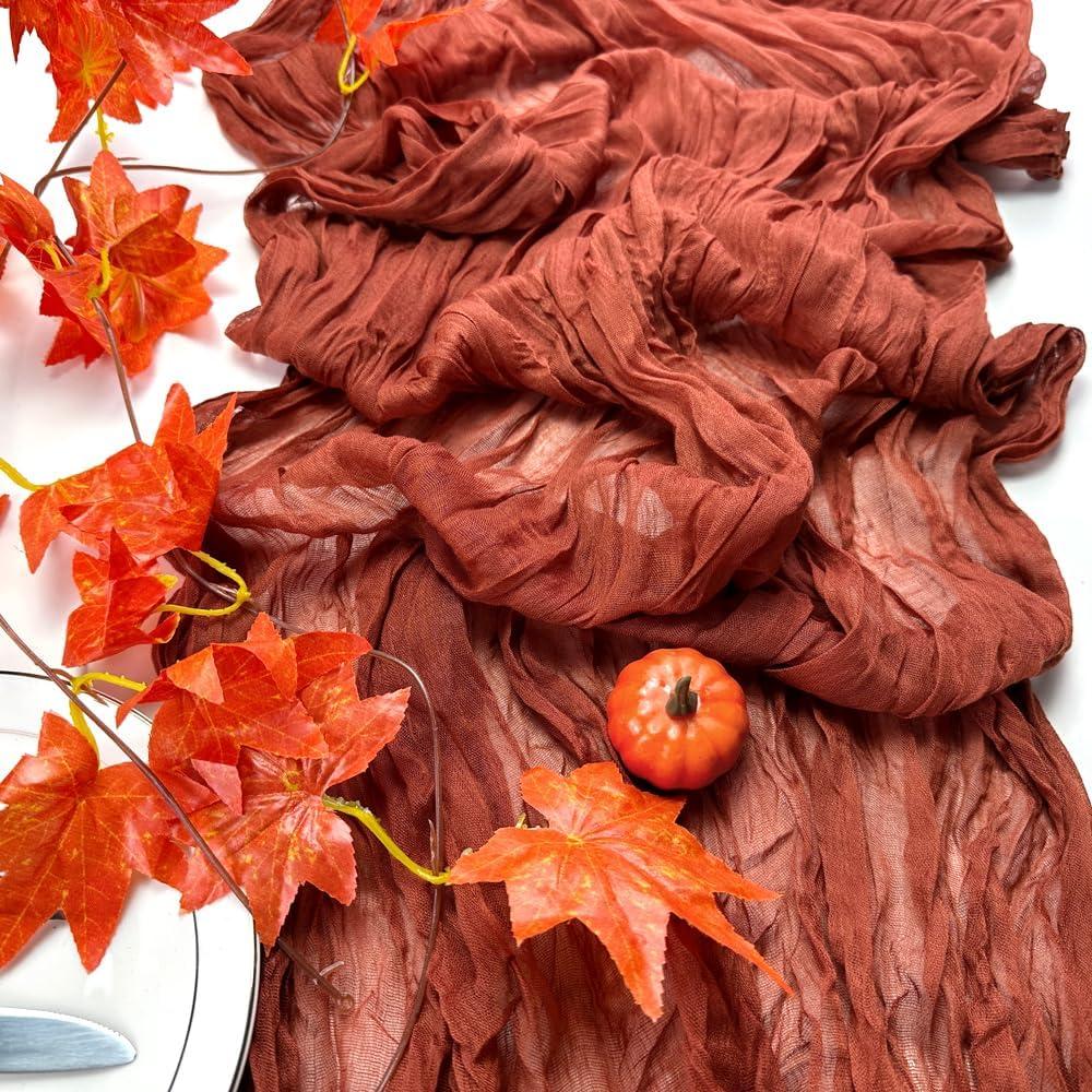 Booque Valley Fall Table Runner Terracotta Cheesecloth 10ft Soft Boho Wrinkled Decorative Gauze Sheer for Autumn Thanksgiving Holiday Party Centerpiece Decoration Table Decor, 35x120 Inch, 1 Pc