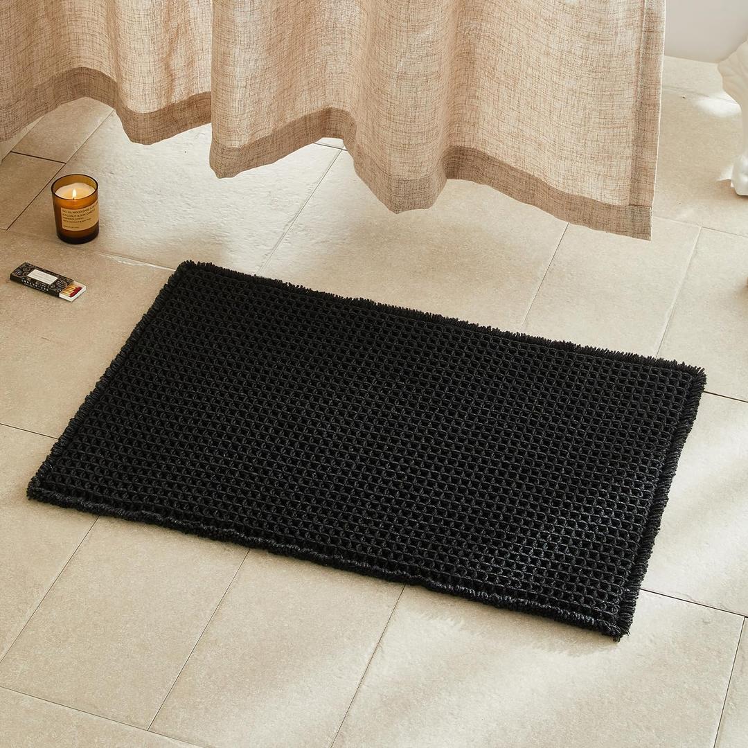 Black Bathroom Rug, Waffle Bath Mat Non Slip Washable Super Absorbent Quick Dry Boho Farmhouse Bathroom Decor, 30"x20" Black (1'8" x 2'6" (Rectangular))