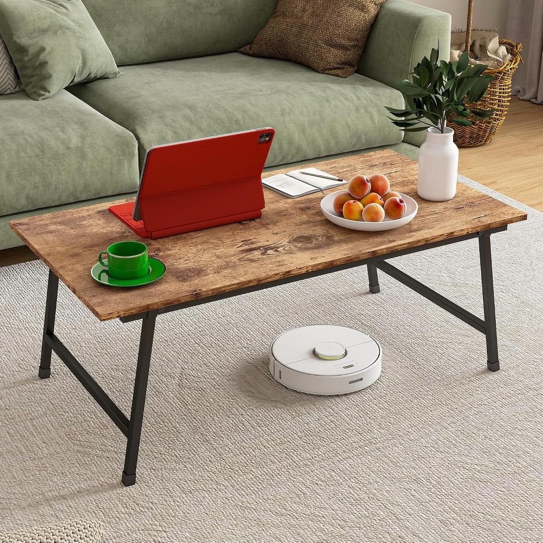 Black Coffee Table Foldable,Simple Modern Rectangular Center Table, Industrial Wood Tabletop and Metal Frame, Low Coffee Table for Home Office, Living Room,No Assembly,Rustic Brown, Large