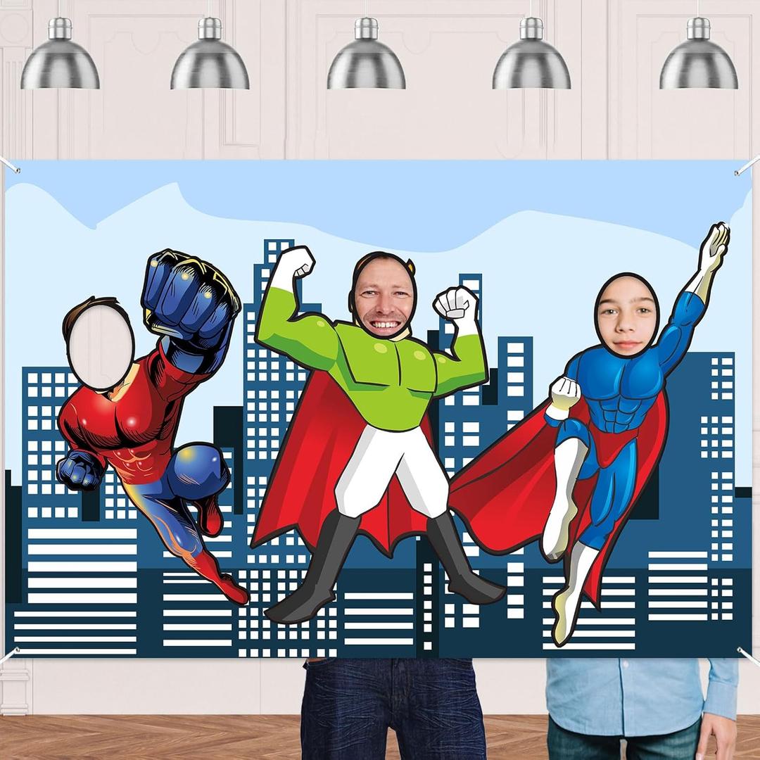 Superhero Photo Banner Backdrop Background Large Hero Face Photo Booth Props Fun Party Superhero Theme Decor for Birthday Party Favors Supplies Decorations
