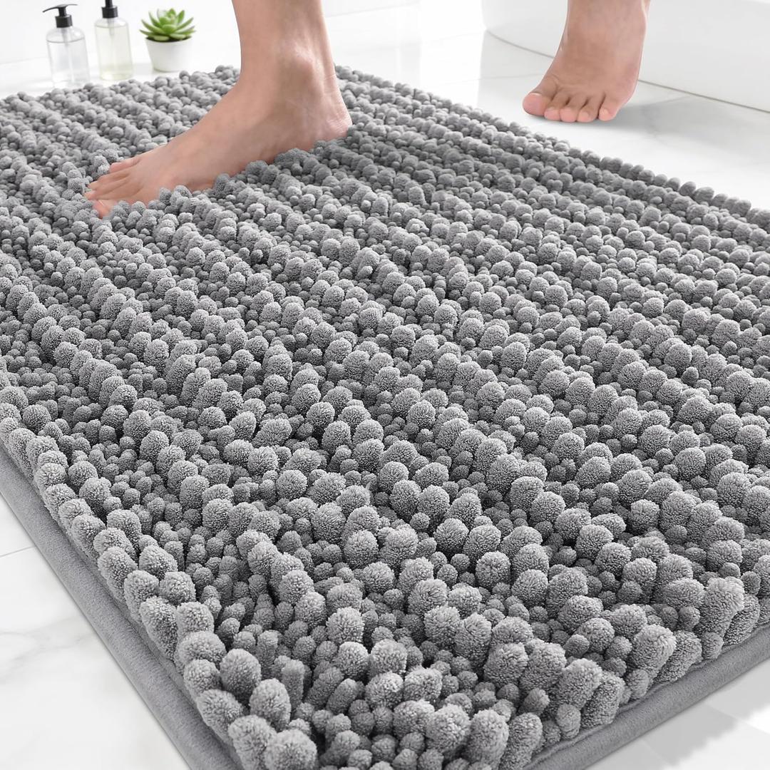 Yimobra Bathroom Rugs Non Slip Washable - Ultra Soft Absorbent Chenille Bath Mat, Quick Dry Shaggy Floor Carpet for Tub Shower, Gray Home Decor Accessories, 24x17 Inch