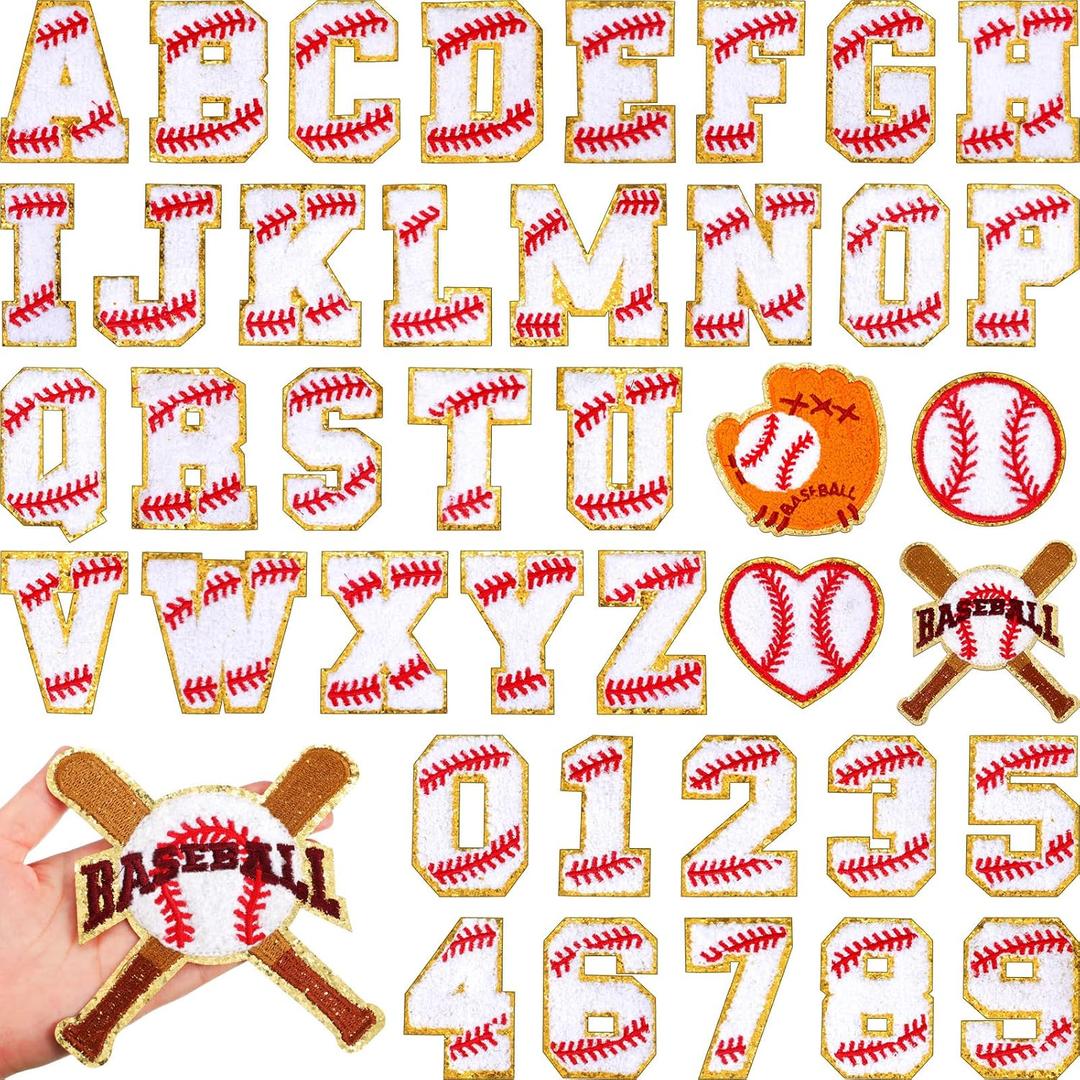 Chunyin 40 Pcs Baseball Iron on Patches Chenille Letters Sports Numbers Applique Fabric Embroidered Letter Iron on Patches for Clothing Repair Bowl Party Gifts