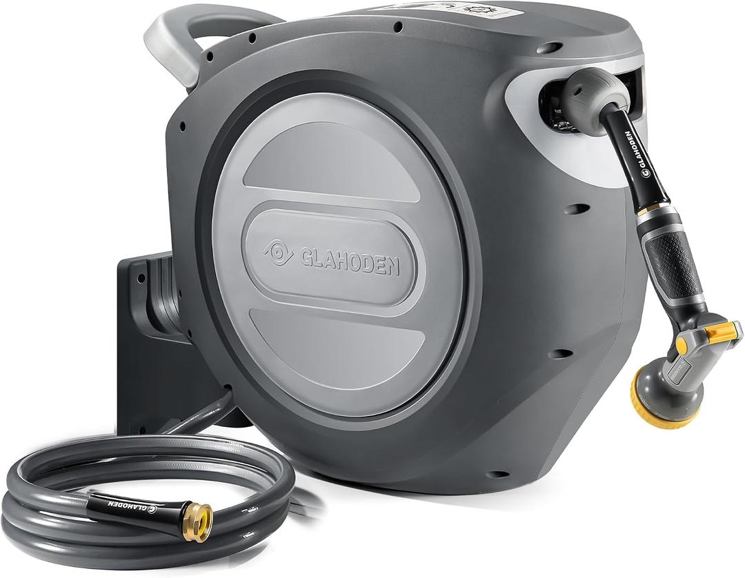 GLAHODEN Retractable Garden Hose Reel 1/2 in x 100 ft Upgraded UV Resistant Heavy Duty Automatic Hose Reel Wall Mount 3/4 in Brass Fitting 9 Pattern Nozzle Any Length Lock Slow Retraction 180° Swivel