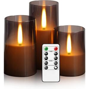 Flameless LED Candles, Upgraded Realistic Flickering Pillar Battery Operated Candles with Remote Timer, Acrylic Electric Set of 3 for Romantic Ambiance and Home DecorationGrey