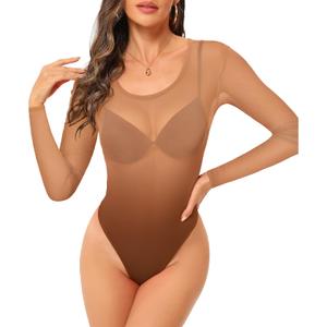 ZNVGIRL Women's Mesh Bodysuit Long Sleeve Top Crew Neck Sheer T Shirt Body Suit Leotard Blouse (Medium)