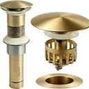 Bathroom Sink Drain, Without Overflow, Pop up Sink Drain Stopper with Strainer Plug for Vessel Sink Lavatory Vanity, SUS 304 Stainless Steel, Brushed Gold