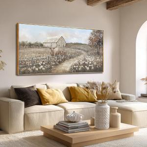 LEVERUP Vintage Farmhouse Highland Cow Wall Art 29"x58" Rustic Barn and Wildflower Field Canvas Painting for Living Room, Bedroom, or Dining Room Decor