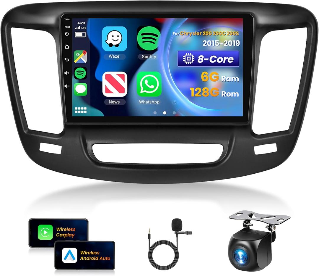 [8 CORE 6G+128G] for Chrysler 200 200C 200S 2015-2019 Car Radio with Wireless Carplay/Android Auto, 9 Inch Android 13 IPS Touch Screen Car Stereo, Bluetooth, GPS, WiFi, SWC, DSP + Backup Camera