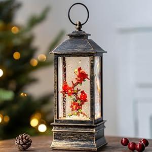 Christmas Snow Globe Lantern Indoor Decor Cardinal with Music, 6H Timer, USB Lined/ Battery Operated Lighted Lantern for Christmas Festival Decoration Gifts