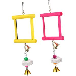 2Pcs Chicken Mirror Toys with Bell,Cage Accessories Wooden Pecking Toy Beak Grinding Stones for Parrots Finches Birds, Red Yellow