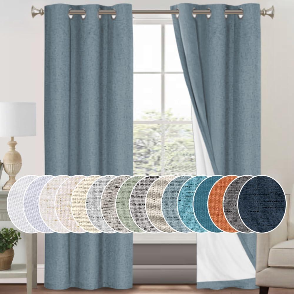 PrinceDeco 100% Blackout Linen Textured Curtains for Bedroom Linen Blackout Curtains 84 Inches Length 2 Panels Set Noice Reducing Soundproof Window Treatment Drapes with White Liner,Stone Blue, 42"W x 84"L
