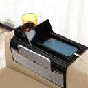 GIIFER Couch Cup Holder Tray，Couch arm Table with Side Storage Pocket，Couch arm Tray with Anti-Slip Design, Natural Bamboo Sofa Tables for Drinks, Snacks, Cup, Remote and Phone—Black