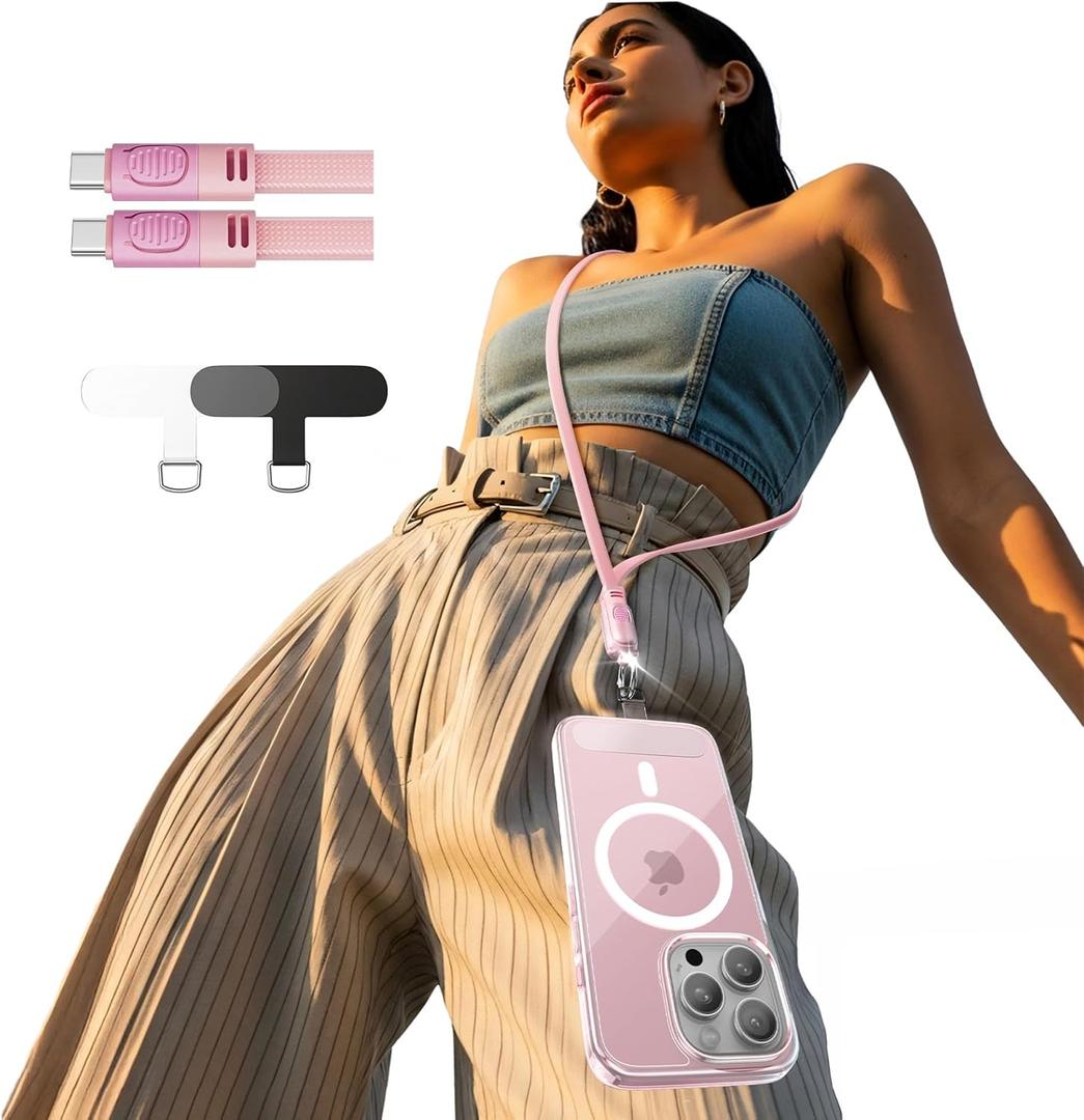 LISEN Crossbody Lanyard Teacher, 60W USB C to USB C Cable Cell Phone Chain Anti-Theft Crossbody Strap for iPhone 16, 15 and Most Smartphones, Cell Phone Neck Holder for Women, Pink