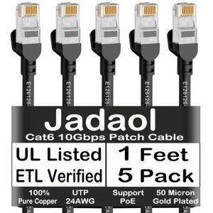 Jadaol Cat6 Ethernet Patch Cables 1ft 5-Pack, 10Gbps 24AWG Pure Copper RJ45 Cat6a Patch Cable, Support Cat8/7 Network, Outdoor&Indoor Rated for Patch Panel to Switch, Server, Router, Modem, PC - Black