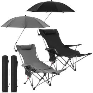 Yuntau 2 Set Reclining Beach Chairs with UPF 50+ Umbrellas Shade, Upgraded Heavy Duty Portable Folding Lounge Camping Chair with Canopy Removable Footrest & Headrest for Outdoor Patio(Grey, Black)