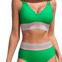 Charmo Women's Scalloped Bikini Sets High Waisted Two Piece Swimsuits Sporty Color Block High Cut Bathing Suit (Medium)