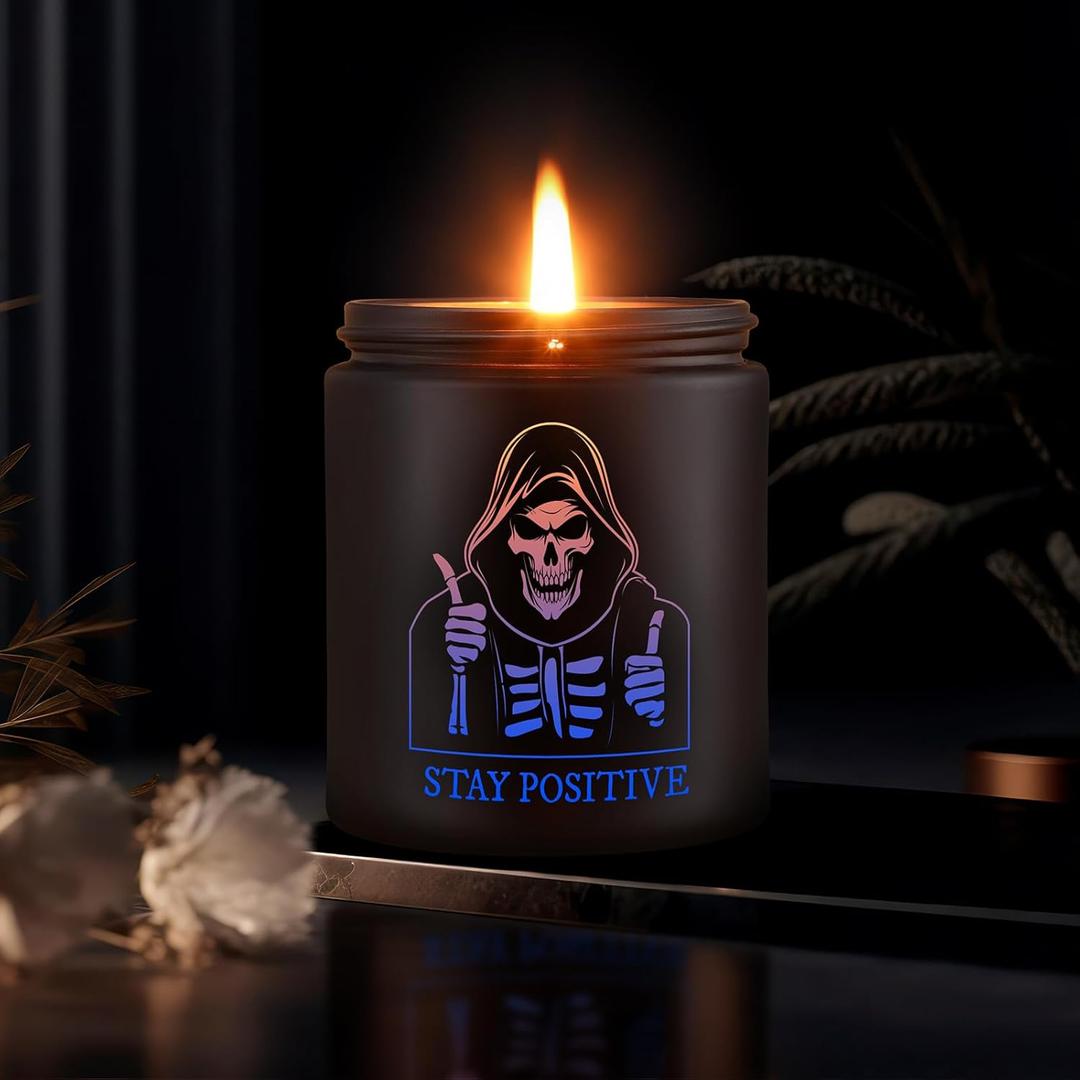 Scented Candle for Men with Color Sensor Light, Stay Positive Skeleton Man Black Aromatherapy Candles, Natural Hand Poured, 7 oz Soy Candle Gift for Christmas