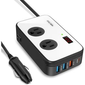 200W Power Inverter for Car, DC 12V to AC 110V Car Outlet Adapter with PD 25W USB-C, QC3.0 and LCD Display (Black/White)