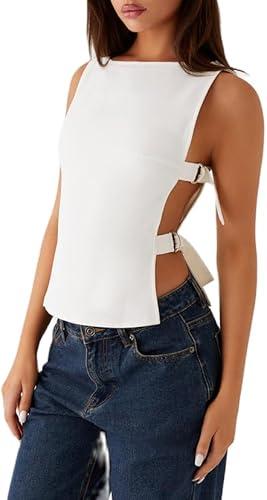 Giraropa Women Buckle Tank Top Y2k Slim Fit Crop Tops Sexy Sleeveless Round Neck Hollow Out Shirt Rave Outfits, Size Medium