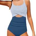 Girl Swimsuit One Piece Cutout Ruched Bathing Suit for Girls V-Neck Color Block Adjustable Straps Pad Swimwear (11-12 Years, Blue Stripes)