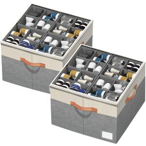 Aokeyee Shoe Organizer for Closet,2 Pack Foldable Shoe Storage Organizer Box Bin with Adjustable Dividers and Clear Cover, Fits up to 16-32 Pairs (Beige with Grey)