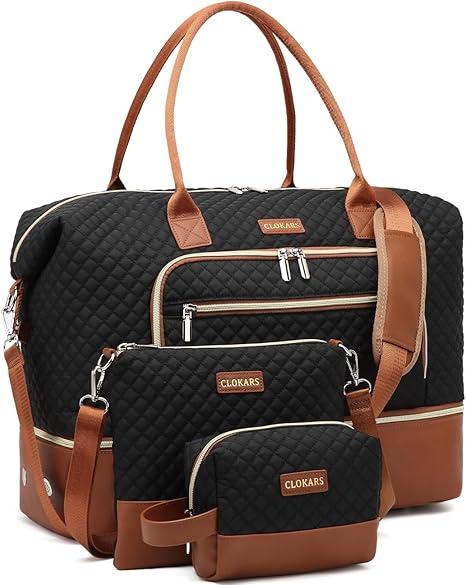CLOKARS Weekender Bags for Women, Travel Duffle Bag Carry On Overnight Bag with Cosmetics Bag and Crossbody Purse for Gym Hospital, Gifts for Women, Black Brown