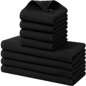 Kitinjoy 100% Cotton Kitchen Towels and Dishcloths Set, 8 Pack-13" x 28" and 12" x 12" Waffle Weave Dish Towels, Ultra Soft Absorbent Quick Drying Dish Rags, Black