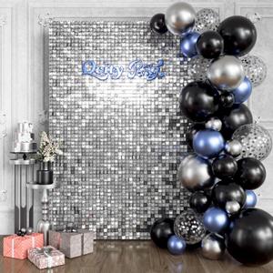 Silver Shimmer Wall Backdrop 24PCS, Black Back Not See-Through Design, Square Sequin Glitter Backdrop Panel, Perfect for Outdoor Events, Birthdays, Wedding and Party Decoration (Siver)