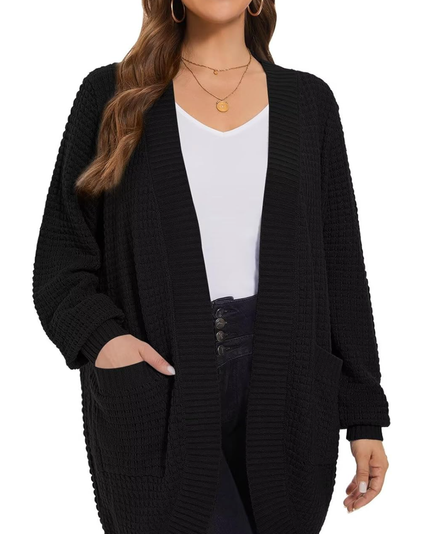LARACE Long Cardigans for Women Plus Size Tops Open Front Sweaters with Pockets Waffle Ribbed Sleeve Loose Fall Outwear 3XL