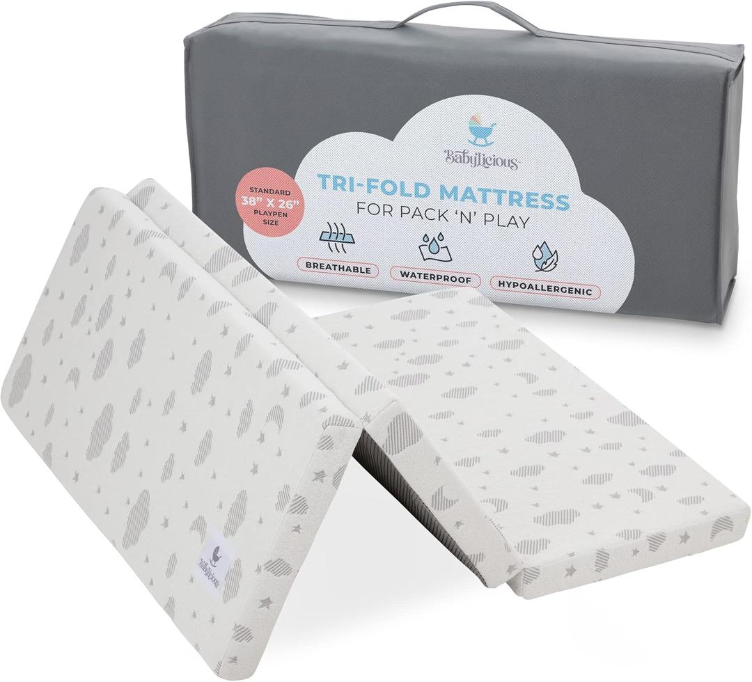 Babylicious Waterproof Pack and Play Mattress Topper | 38" x 26" x 1.5" | Trifold Style - Breathable Soft Plush Foam - Portable Mattress Topper- Baby Foam Mattresses for Babies (Dreamy)
