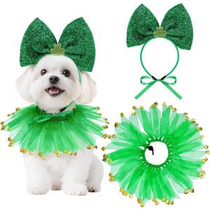 Dog St. Patrick's Day Outfit Bow Headband and Dog Collar for Small Medium Dog Cat St. Patrick's Day Birthday Party Accessories (Green)