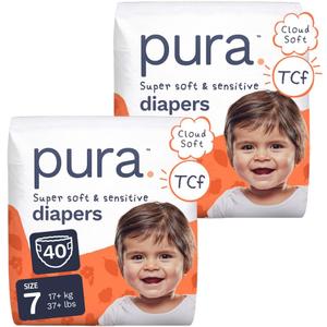Pura Baby Diapers Size 7 (37+ lbs) 40 Count Sensitive Skin