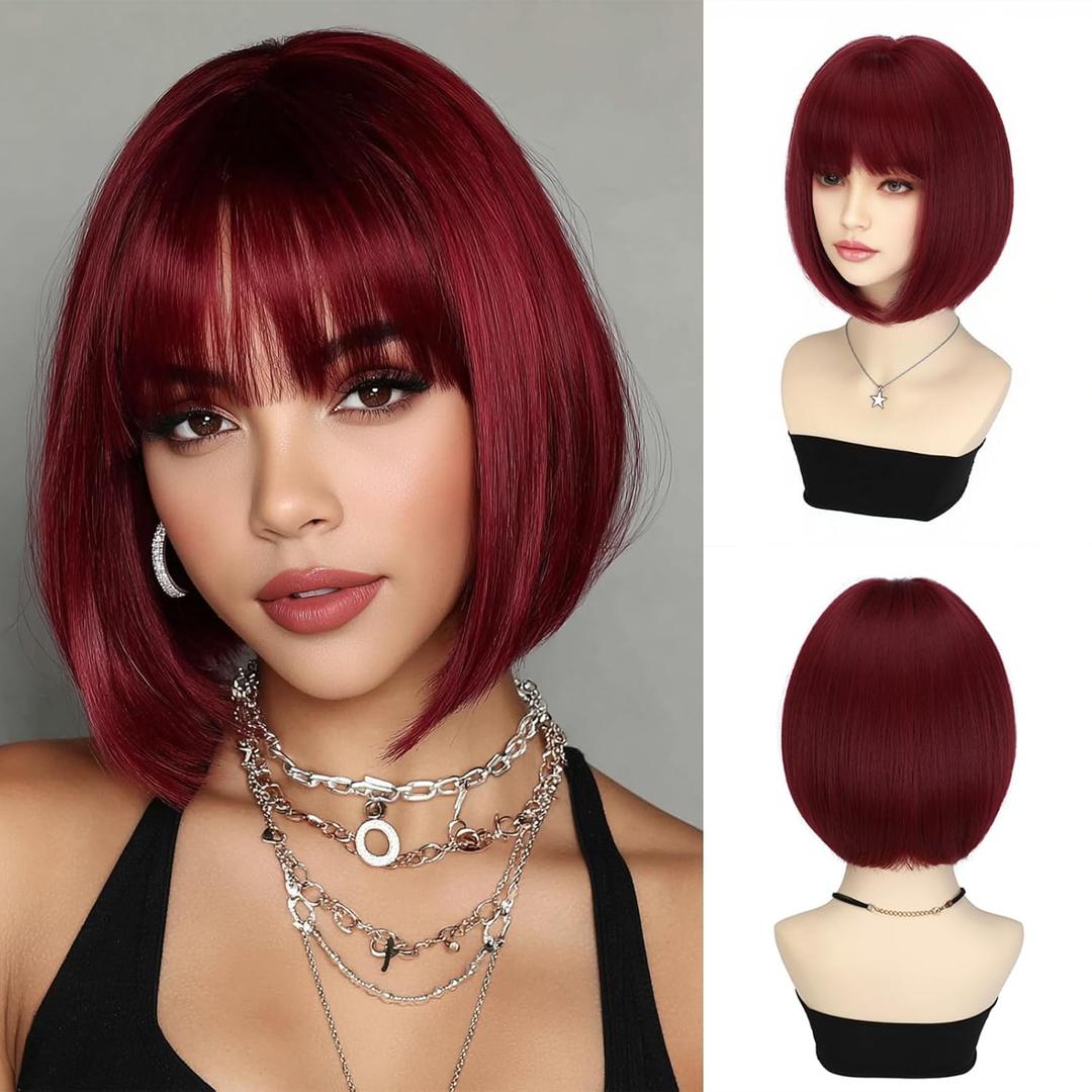 Bob Wig with Bangs Short Hair Wig Burgundy Red Bob Wigs for Women 12 Inches Synthetic Wig Straight Cosplay Wigs Colorful Burgundy Natural Hair Replacement Wigs for Girls Hoilday Daily Party Use