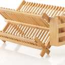 HBlife Dish Rack, Bamboo Folding 2Tier Collapsible Drainer Dish Drying Rack with Utensils Flatware Holder Set (Dish Rack with Utensil Holder)