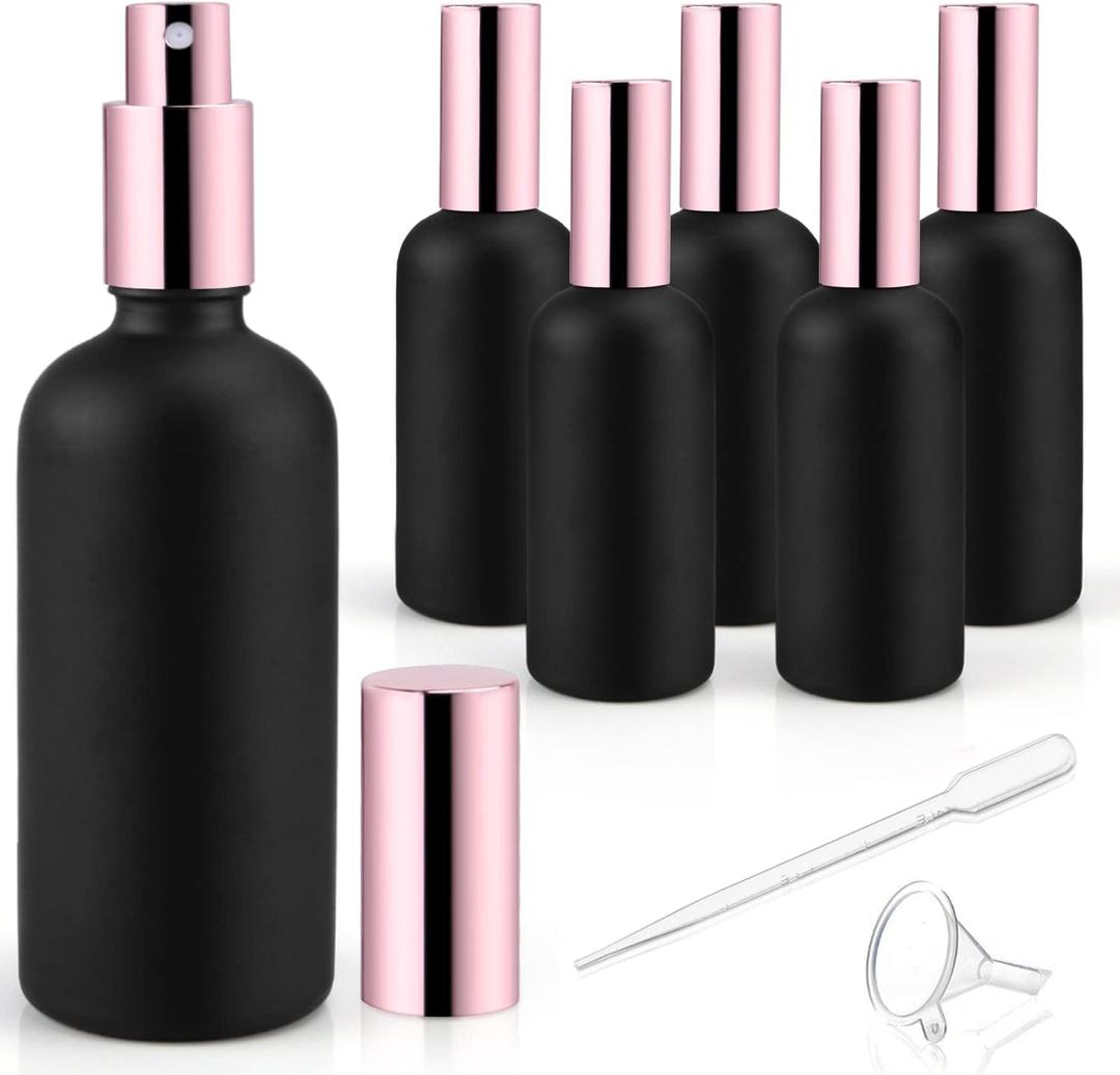 6 Pack 3.4 Oz Black Frosted Glass Spray Bottles,Empty Perfume Fine Mist Atomizer,Rose-Golden Pump Head Travel Liquid Holder Containers for Cologne,Essential Oils,Body Sprays-Funnel&Pipette